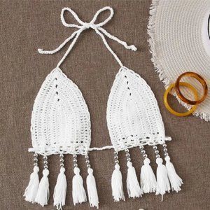 Fringe and Tassel Detail Tie Back Crochet Top